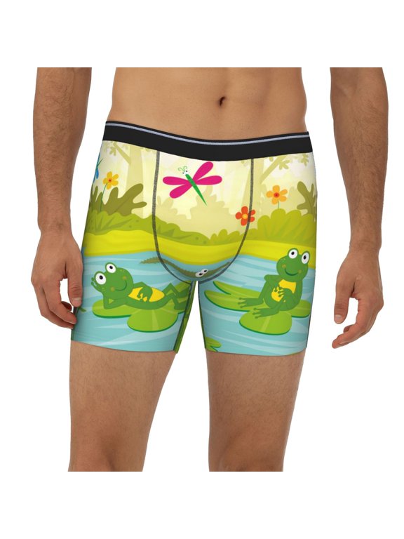 Mens Extended Length Boxer Briefs - Two Frogs Are Sitting On Water Lilies Underwear Boxer Briefs with Elastic Band