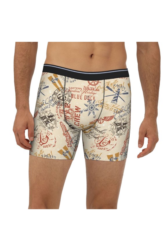 Mens Extended Length Boxer Briefs - Vintage Nautical Underwear Boxer Briefs with Elastic Band
