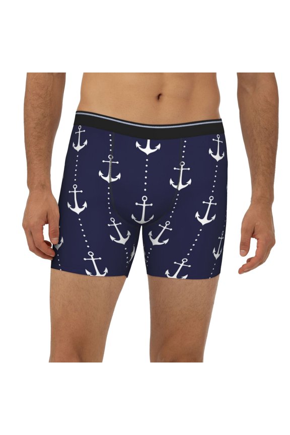 Mens Extended Length Boxer Briefs - White Anchors Dots Navyblue Underwear Boxer Briefs with Elastic Band