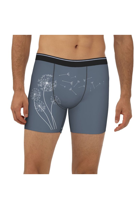 Mens Extended Length Boxer Briefs - White Dandelion Underwear Boxer Briefs with Elastic Band