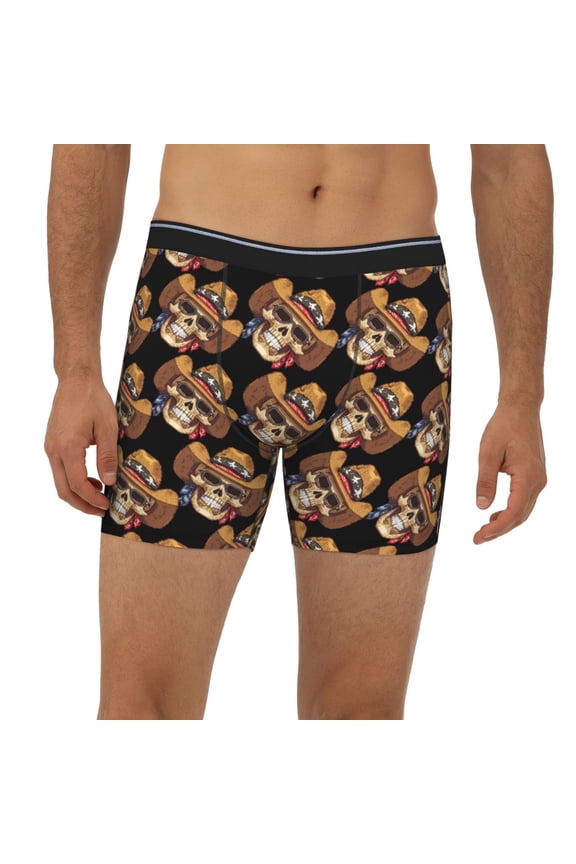 Mens Extended Length Boxer Briefs - Wild West Cowboy Skull Underwear Boxer Briefs with Elastic Band