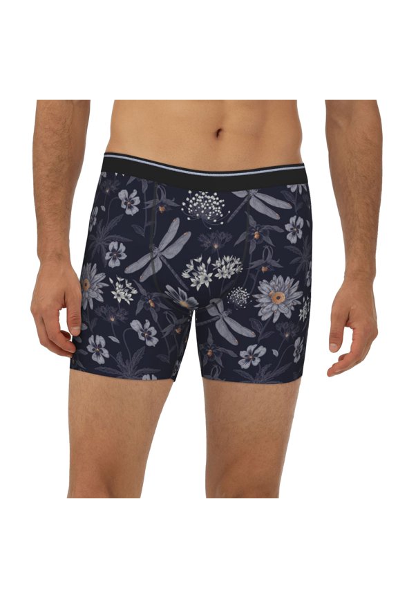 Mens Extended Length Boxer Briefs - Wildflowers And Dragonflies Underwear Boxer Briefs with Elastic Band