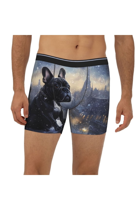 Mens Extended Length Boxer Briefs - Winter City French Bulldog Underwear Boxer Briefs with Elastic Band