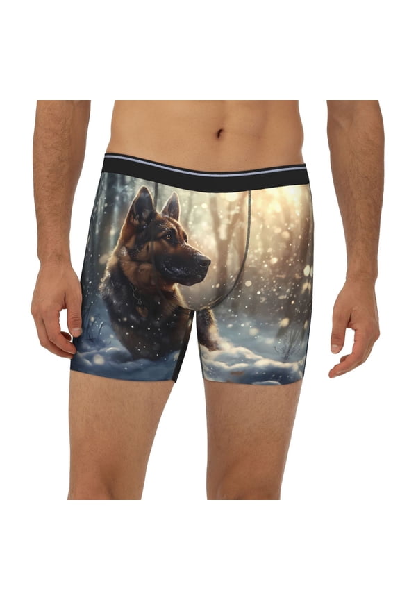 Mens Extended Length Boxer Briefs - Winter Snowflake German Shepherd Underwear Boxer Briefs with Elastic Band