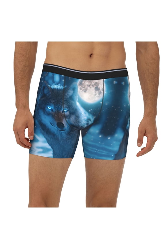 Mens Extended Length Boxer Briefs - Winter Wolf Glowing Moon Underwear Boxer Briefs with Elastic Band
