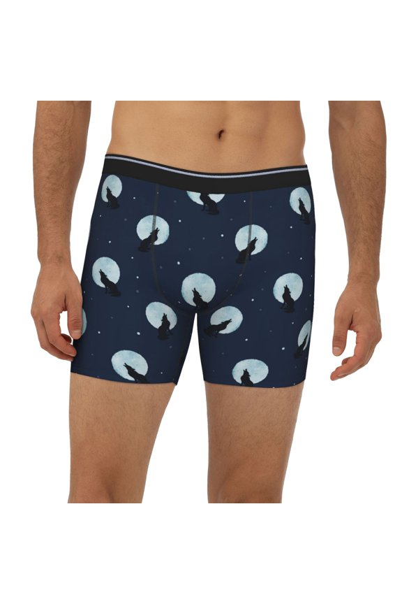 Mens Extended Length Boxer Briefs - Wolf And Moon Underwear Boxer Briefs with Elastic Band