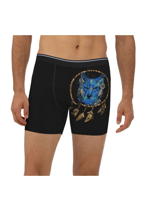 Mens Extended Length Boxer Briefs - Wolf Head And Dreamcatcher Underwear Boxer Briefs with Elastic Band