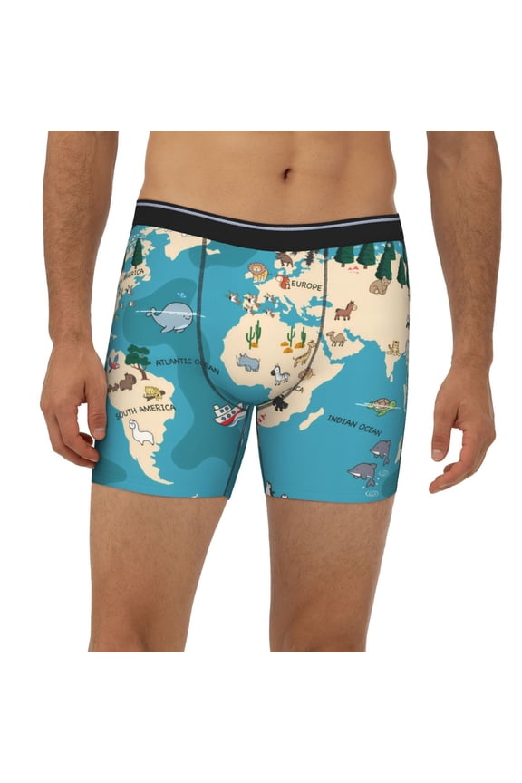 Mens Extended Length Boxer Briefs - World Map With Animal Underwear Boxer Briefs with Elastic Band