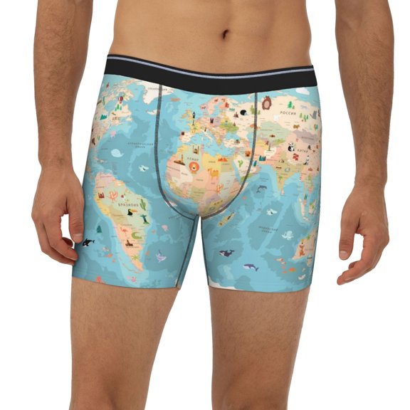 Mens Extended Length Boxer Briefs - World Map With Animals 1 Underwear Boxer Briefs with Elastic Band