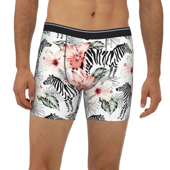 Mens Extended Length Boxer Briefs - Zebra Orchid Tropical Palm Leaves Underwear Boxer Briefs with Elastic Band