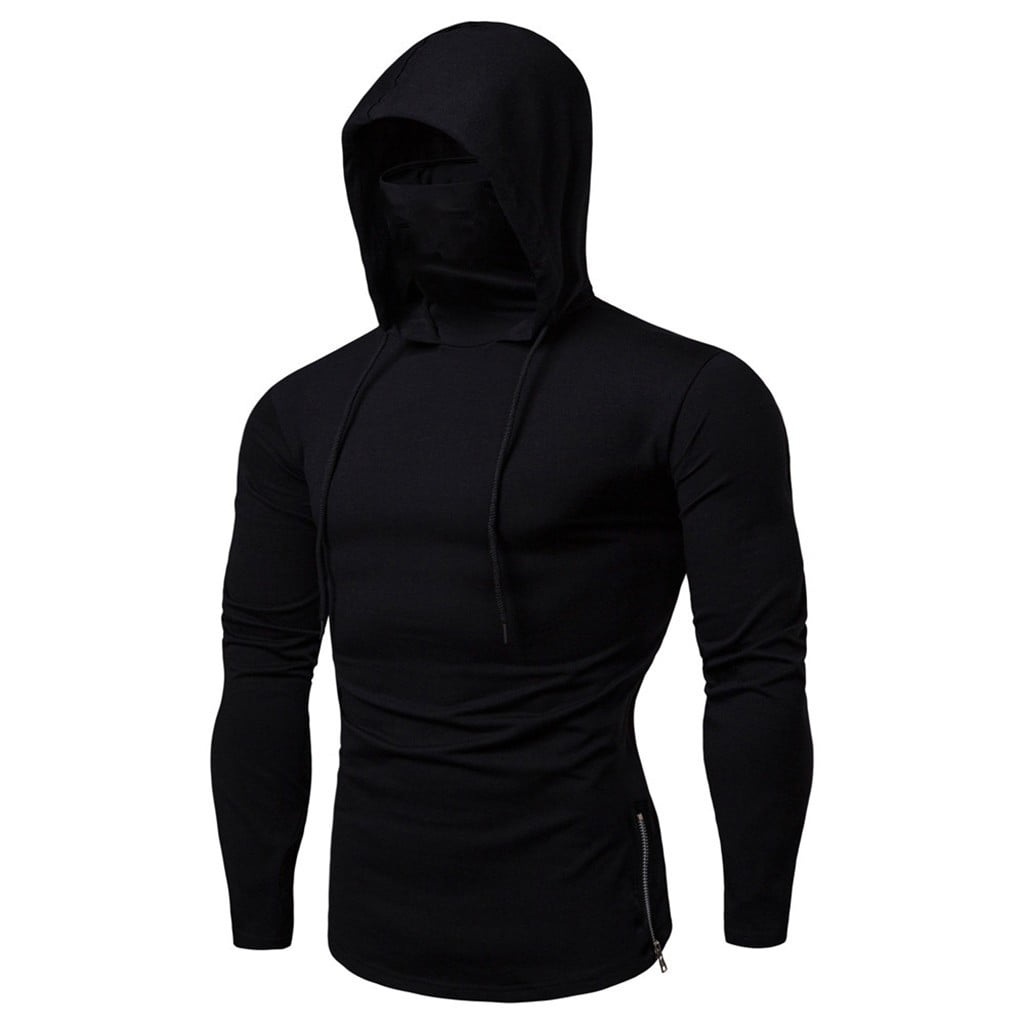 Mens Face_Cover Button Sports Long Sleeve Vest Hooded Splice Large  Open-Forked Male Tank Tops Shirt Blouse 2023 