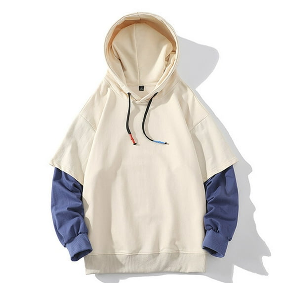 Mens Fake-Two-Piece Hoodies Cotton Blend Pullover Sweatshirts Long Sleeve Casual Color Block Breathable Athletic Workout Hoodie & Sweatshirt