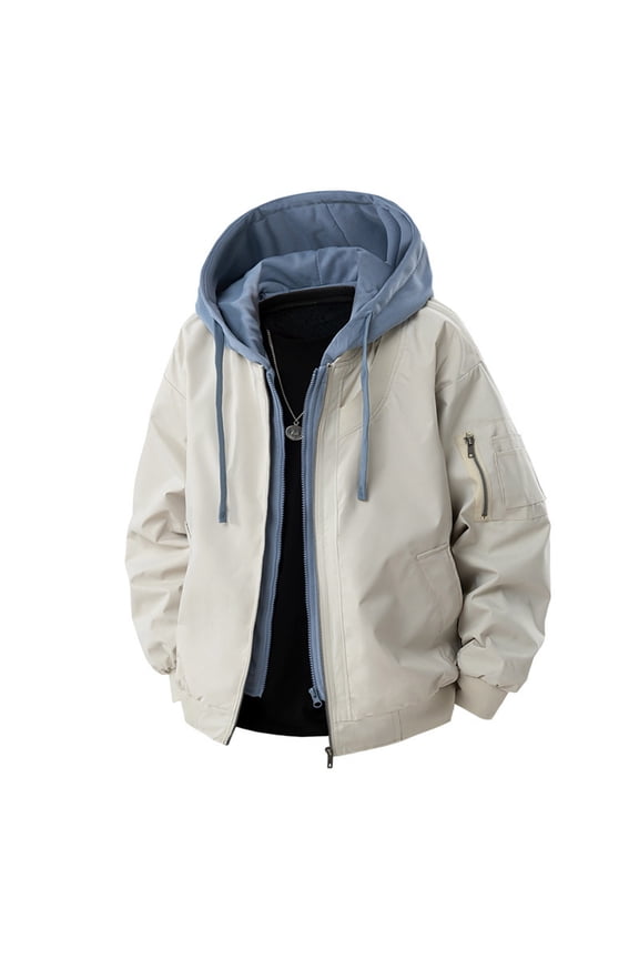 Mens Fake-Two-Piece Jackets Zip Up Long Sleeve Coats Trendy Color Block Comfort Going Out Outerwear Jacket with Pockets and Hoodies