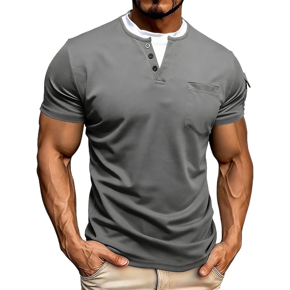 Mens Fake Two Piece T-Shirts, Short Sleeve Shirts for Men Summer Casual Solid Color Slimming Fit Button Up Crewneck Henley Shirts Big and Tall