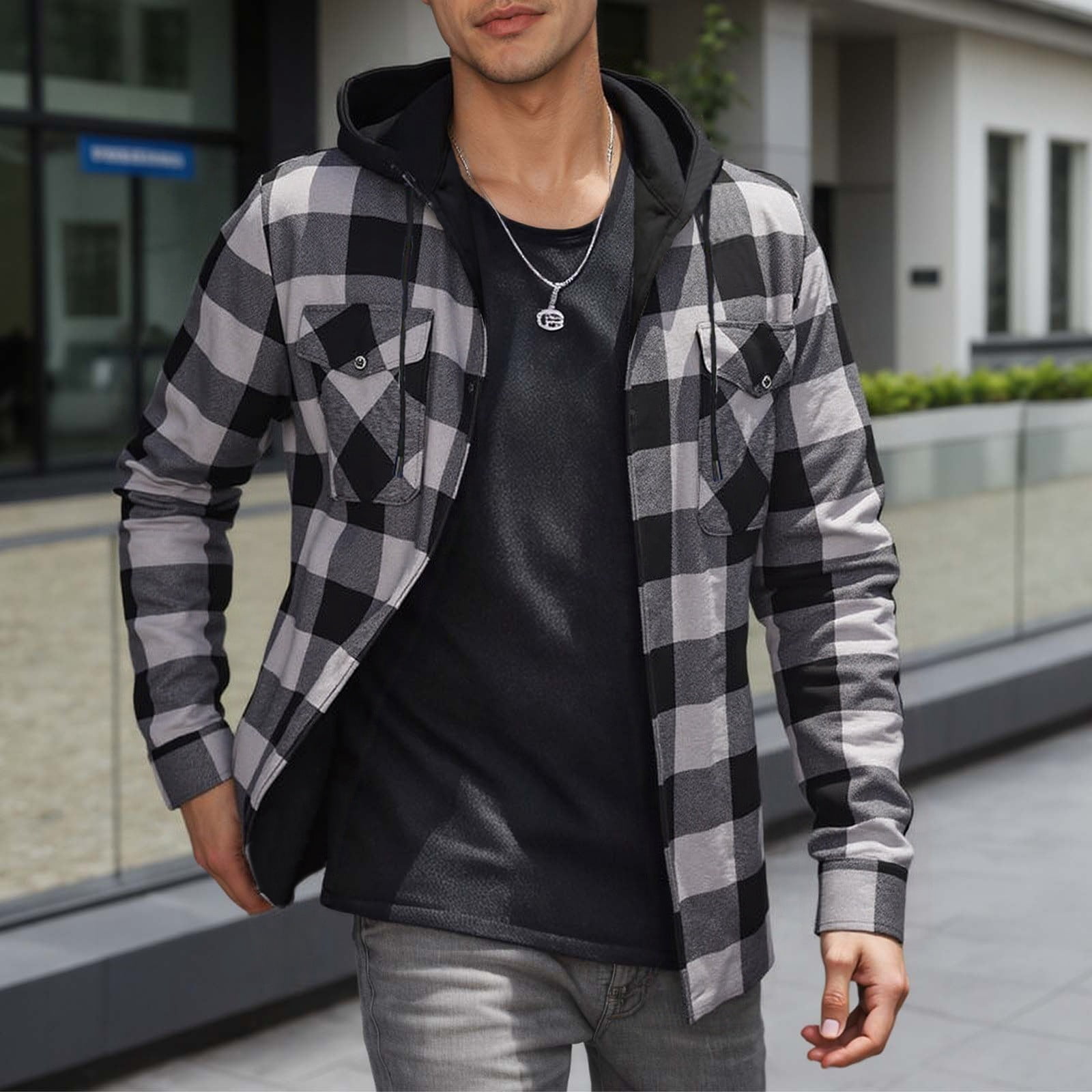 JMIERR Men's Cotton Flannel Shirt Hoodie - Button Down Plaid Jacket With Pockets, Lightweight - View #7