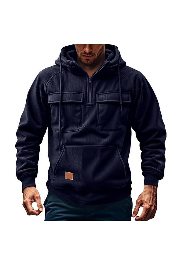 Mens Fall Casual Corduroy Sweatshirt Solid Color Hooded Pullover Shirt Fashion Warmth Comfy Fit Top Navy XXL