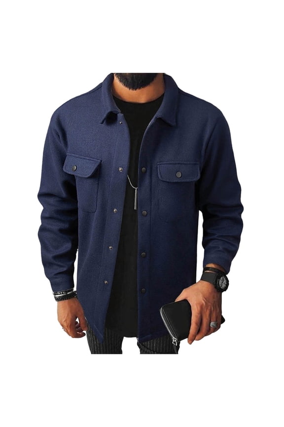 Mens Fall Casual Shacket Solid Color Long Sleeve Jacket Button Down Double Pockets Workwear Coat
