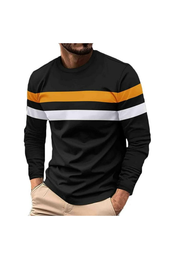Mens Fall Clothes, Long Sleeve Shirts for Men Fashion Loose Fit Striped Printed Crewneck Tees Tops T-Shirts S-2XL