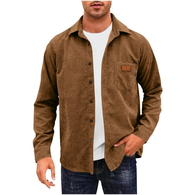 Mens Fall Corduroy Button down Shirts Jackets Long Sleeve Retro Shirt Outerwear Casual Ribbed Work Tops with Pockets