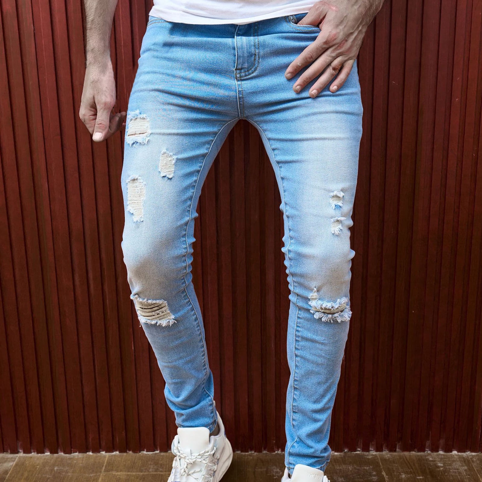 Star Patch Denim Pants Mens Washed Straight-leg Streetwear Ripped Hole  Loose Jeans Men Trousers
