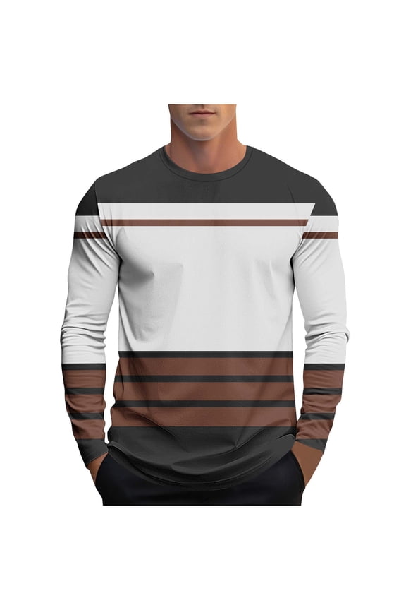 Mens Fall Fashion Clothes, Crewneck T Shirts for Men Casual Big & Tall Striped Printed Long Sleeve Tees Shirts S-4XL
