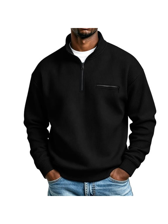 Mens Fall Fashion Waffle Half Zip Up Long Sleeve Shirts with Zipper Pockets