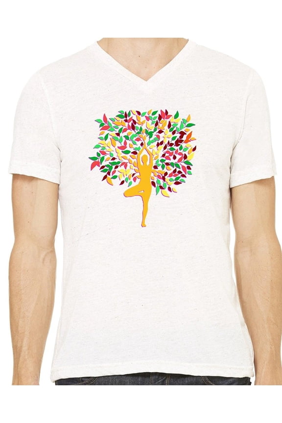 Mens Fall Foliage Tree Pose Yoga V-neck Tee - Oatmeal, XL