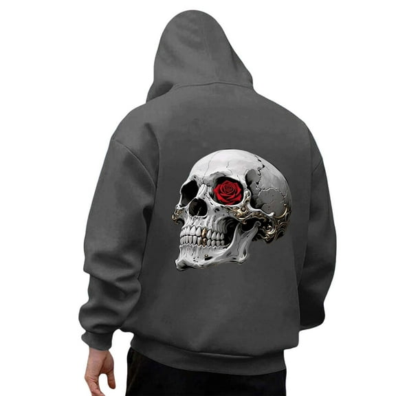 Mens Fall Hoodie Pullover Halloween Skull Graphic Loose Hooded Mens Warm Clothing,Dark Gray,L