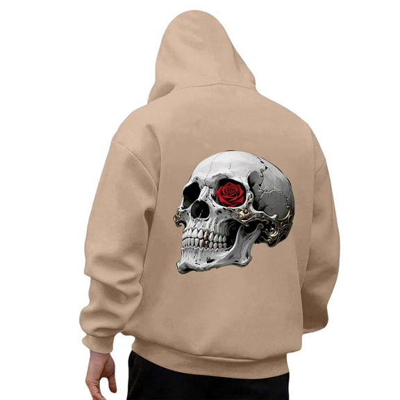 Mens Fall Hoodie Pullover Halloween Skull Graphic Loose Hooded Mens Workout Clothing,Khaki,XL