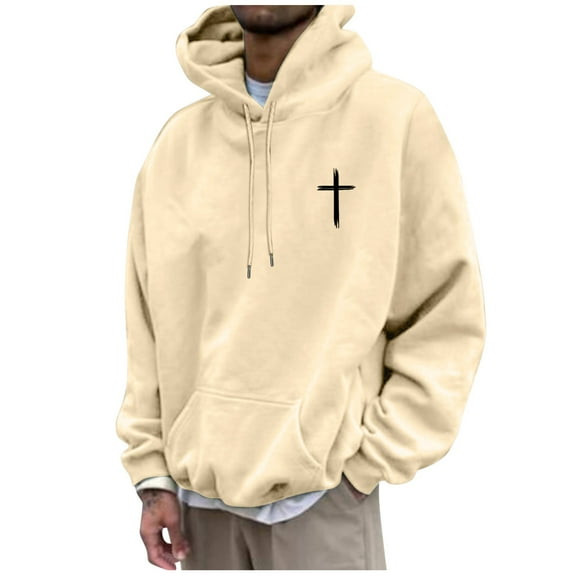 Mens Fall Hoodie Pullover Long Sleeve Graphic Tee Shirts Hooded Mens Warm Clothing,Beige,2XL