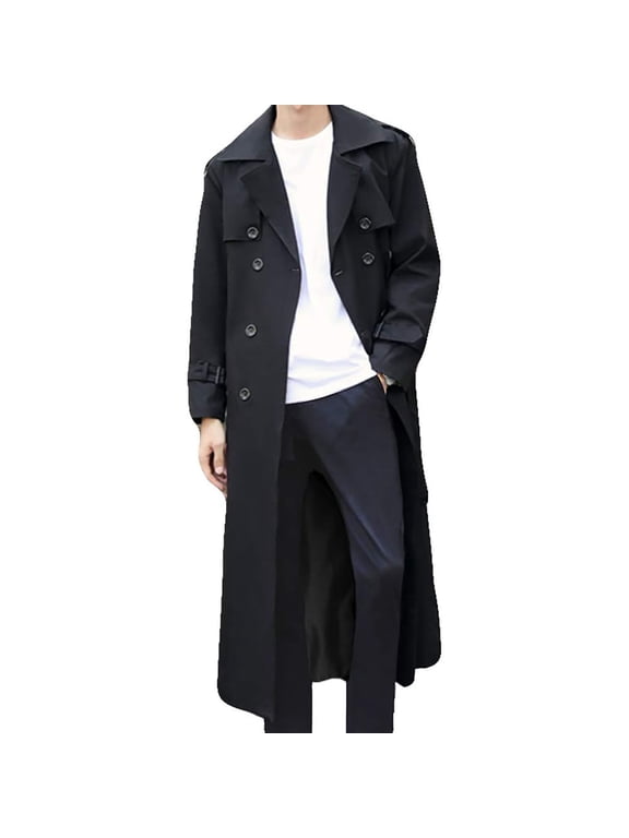 Mens Fall Jackets Mid Long Jacket Casual Belted Overcoat Notched Lapel Belt Fall Windproof Coat Outerwear Clothes, Black, Size 8XL