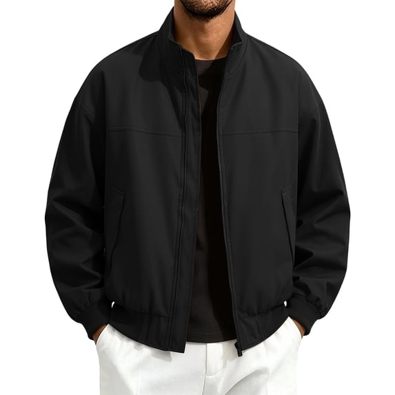 Mens Fall Jackets Zip Up Stand Up Collar Elastic Cuffs Trendy Casual Motorcycle Coats with Pocket Black S