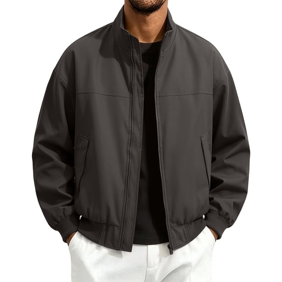 Mens Fall Jackets Zip Up Stand Up Collar Elastic Cuffs Trendy Casual Motorcycle Coats with Pocket Dark Gray M