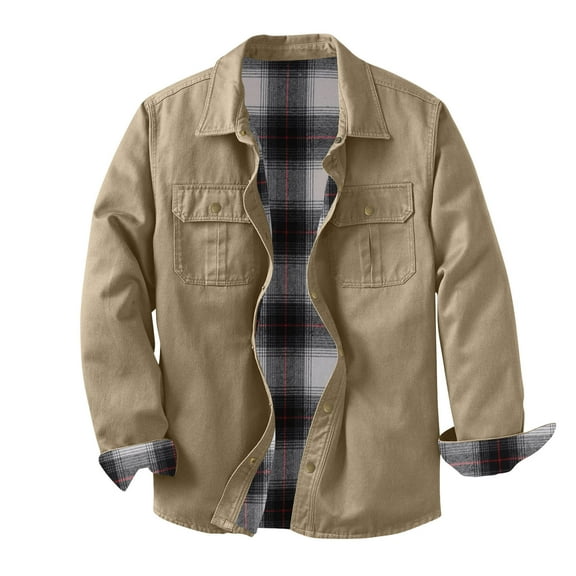 Mens Fall Shirt Long Sleeve Button down Trucker Jackets Construction Workwear Western Outfit Winter Coat with Pockets New Mens Jackets Dressy Casual Khaki M