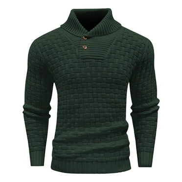 Mens Fall Sweater Waffle Knit Crewneck Pullover Lightweight Long Sleeve Dress Sweater Army Green L