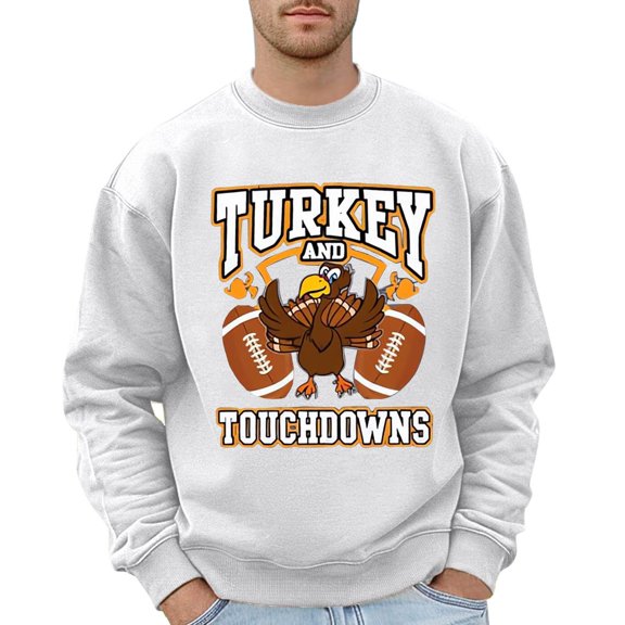 Mens Fall Sweatshirts Solid Color Crew Neckleter Turkey Pattern Printed Mens Clothing,White,S
