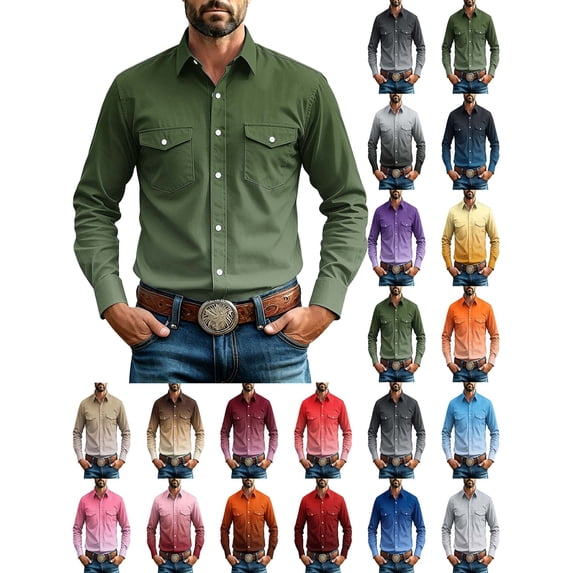 Mens Fall Tops Casual Long Sleeve Men's Solid Color Long Sleeved Button Up Lapel Casual Business Shirt Army Green Xxl