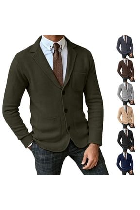Mens Fall Winter Casual Knit Blazer Suit Jacket, Multi Patch Pockets Slim Business Leisure Notched Lapel Collar Cardigan Sweater Size 3XL Army Green