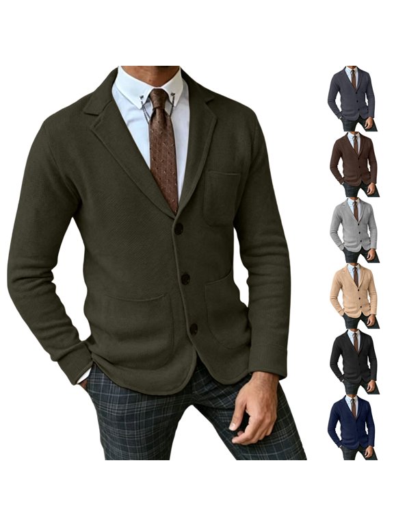 Mens Fall Winter Casual Knit Blazer Suit Jacket, Multi Patch Pockets Slim Business Leisure Notched Lapel Collar Cardigan Sweater Size 3XL Army Green