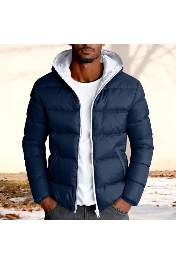 Mens Fall Winter Coats Men's Full Zip Quilted Jackets Solid Color Long Sleeve Hooded Warm Fashion Casual Winter Padded Outwear Coats with Zip Pockets Dark Blue L