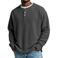 thumbnail image 1 of Mens Fall Winter Henley Shirt Casual Long Sleeve Crewneck Tops Loose Fit Solid Color Button Waffle Knit Shirts Black XL, 1 of 7
