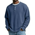 thumbnail image 1 of Mens Fall Winter Henley Shirt Casual Long Sleeve Crewneck Tops Loose Fit Solid Color Button Waffle Knit Shirts Navy 4XL, 1 of 7