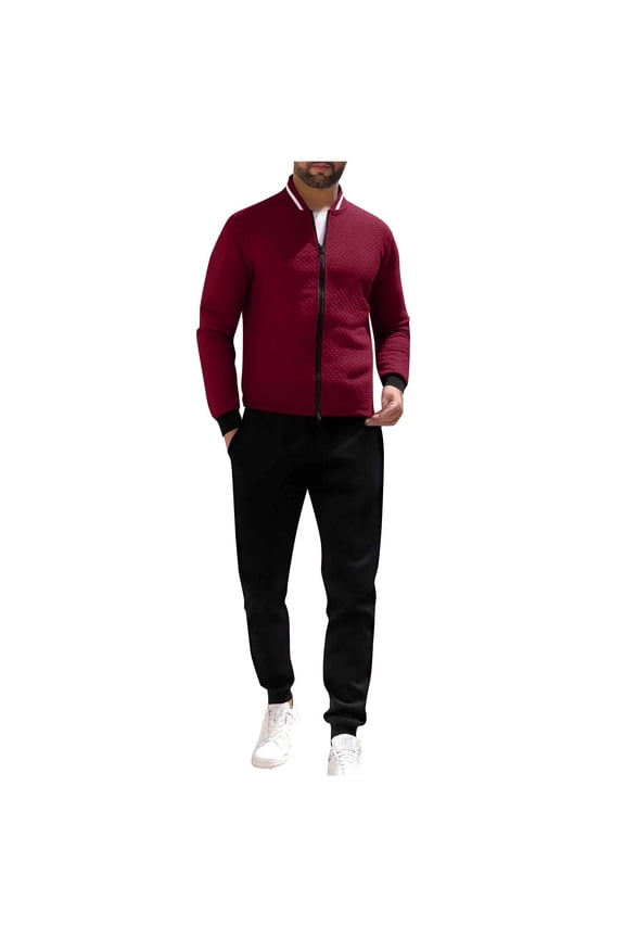 Mens Fall Winter Sweatshirt Two Piece Sets Full-Zip Long-Sleeved Top Athletic Stretch Polo Sweater Blouses Sweatshirts Workout Running Gym Joggers Pants Drawstring Elastic Waist Athletic Track Pants