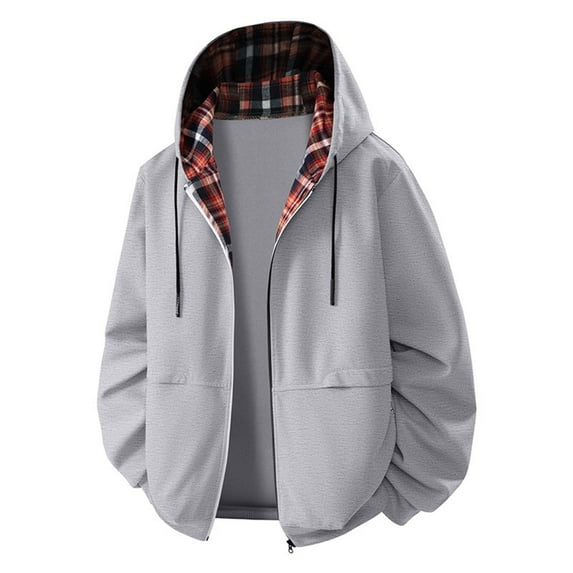 Mens Fall Winter Sweatshirts Checked Shirts Loose Fitted Ultra Soft Textured Hoodies Open Front Full-Zip Long Sleeve Blouses Athletic Stretch Athletic Running Gym Workout Blouses withPockets