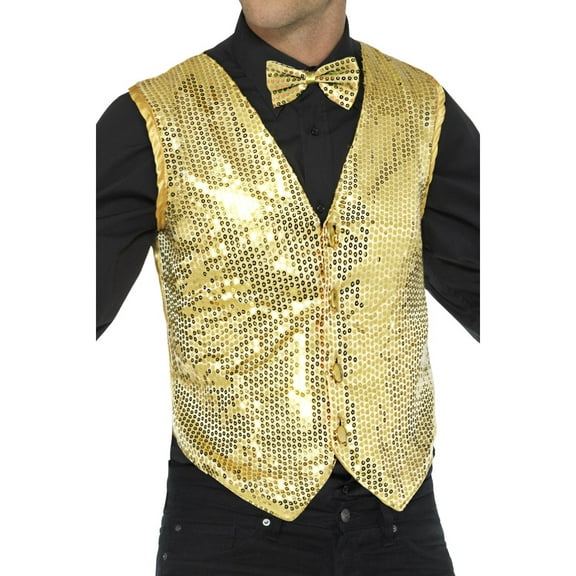 Men's Fancy Dress Gold Sequin Magicians Waistcoat Vest Costume Small 34-36