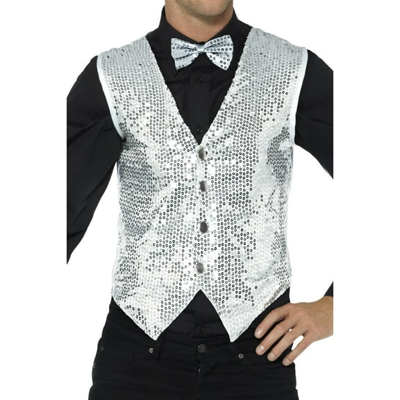 Men's Fancy Dress Silver Sequin Magicians Waistcoat Vest Costume Medium 38-40
