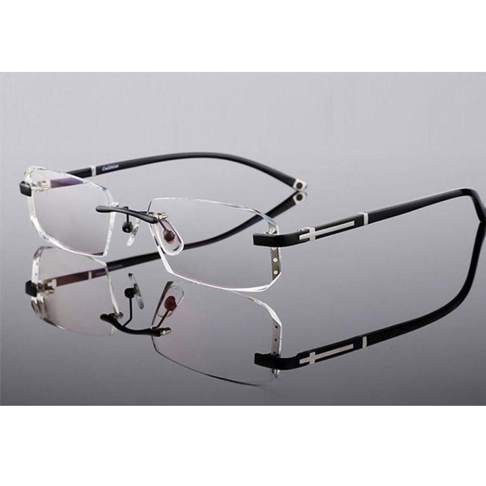 Mens Fashion Blue Light Blocking Rimless Reading Glasses 2.0, Metal Black Spring Hinge Business Rectangle Readers +2.00