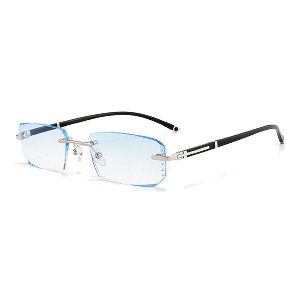 Mens Fashion Blue Light Blocking Rimless Reading Glasses 3.0, Metal Silver Spring Hinge Business Rectangle Blue Lens Sunglasses Readers +3.00