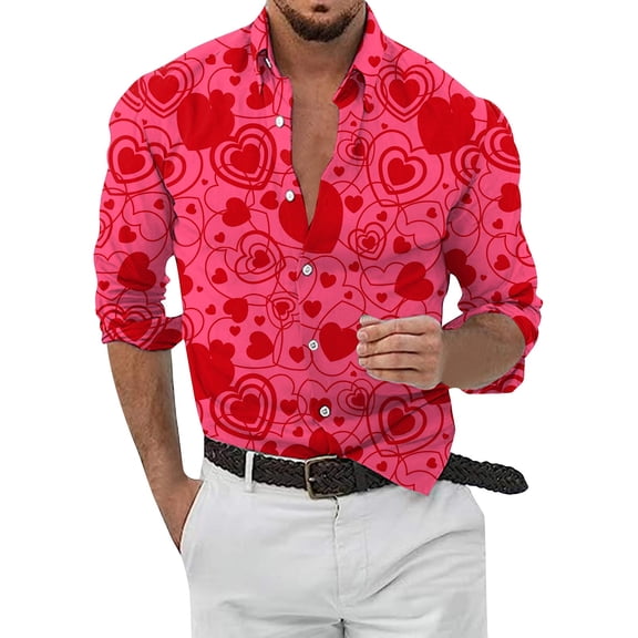 Mens Fashion Casual Digital 3D Printing Love Valentines Day Heart Shaped Long Sleeve Shirt Top,Navy,L