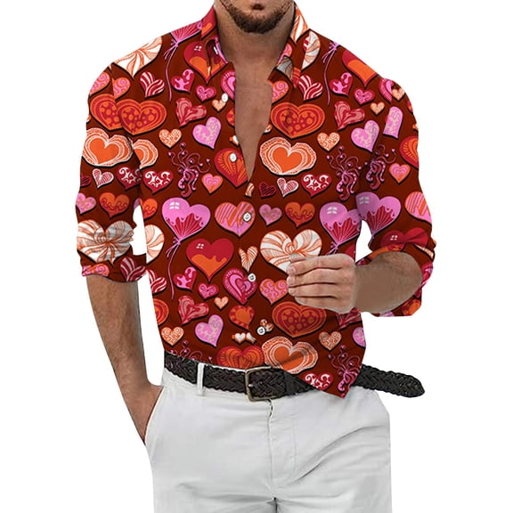 Mens Fashion Casual Digital 3D Printing Love Valentines Day Heart Shaped Long Sleeve Shirt Top,Pink,2XL